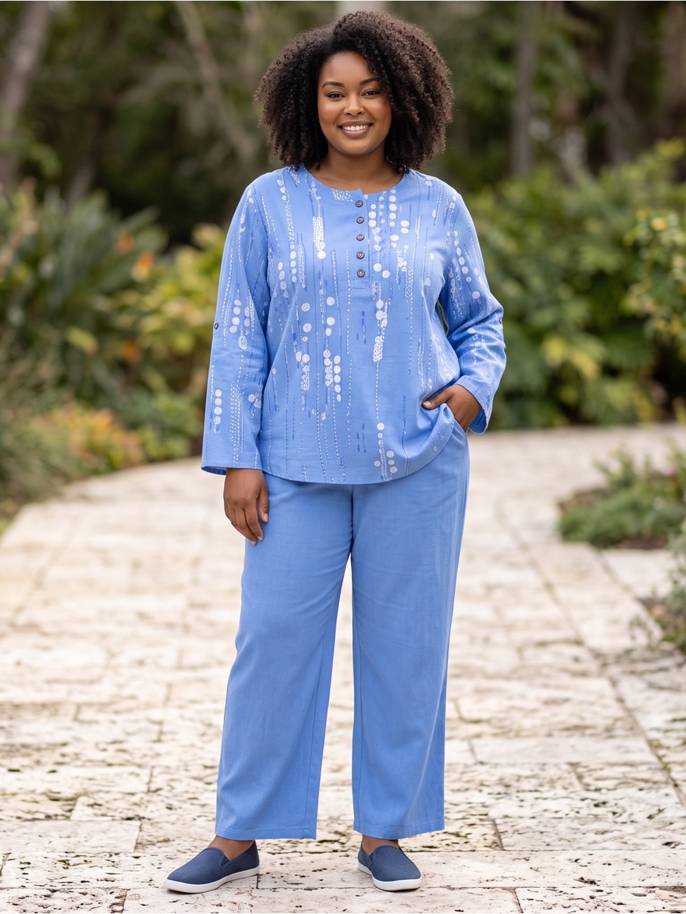 Women's Light Blue Printed Long-Sleeve Top & Wide-Leg Pants Set Size-1XL NEW